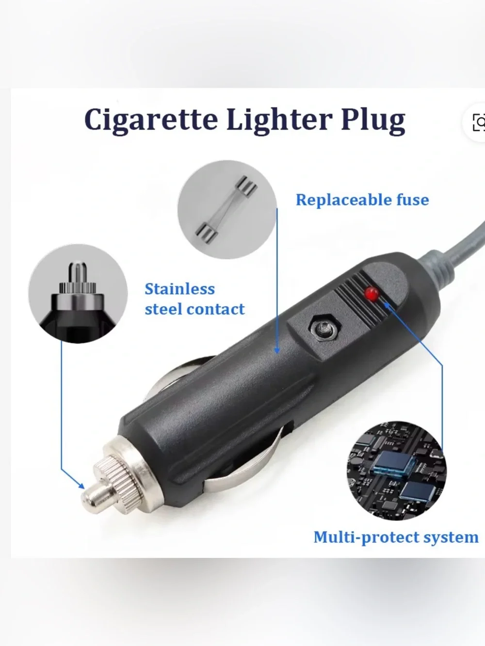 Black Car DC Charger Cable with 3M Lead and 15A Fuse